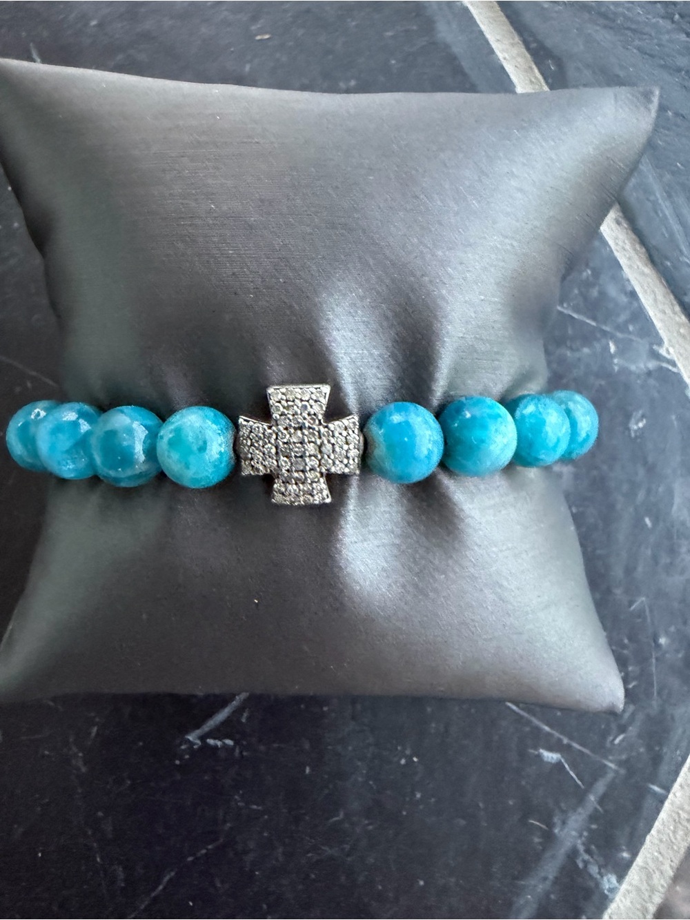 Apatite Beaded Diamond double sided Cross Stretch Bracelet 6”